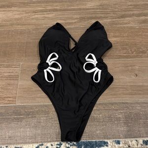 Black One-Piece Swimsuit with White Ring Details - Kids